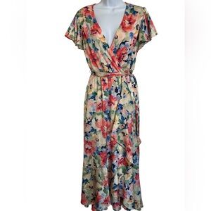 Nicole Miller New York ladies satin floral short sleeve  Long dress size Small